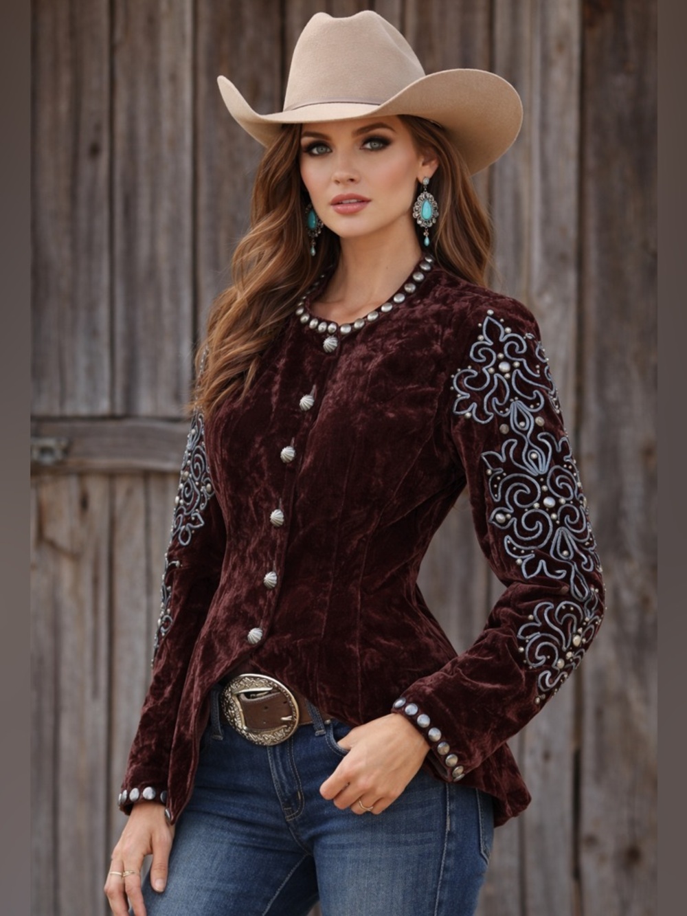 Double D Ranch Deep Brown Plum Velvet Jacket Silver Conchos Size S rodeo ranch